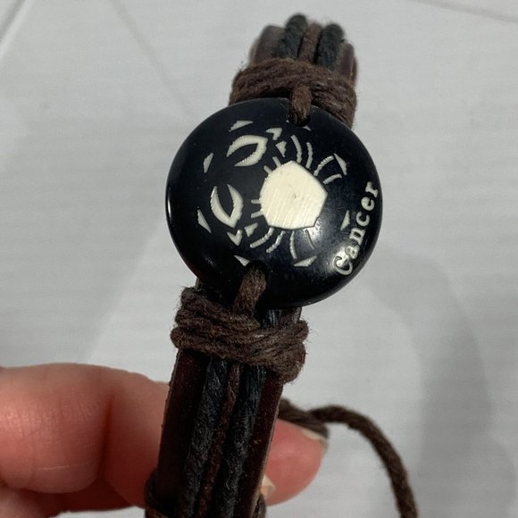 Zodiac Cancer Black Brown Leather Unisex Bracelet Surfer Style Adjustable - Picture 3 of 6